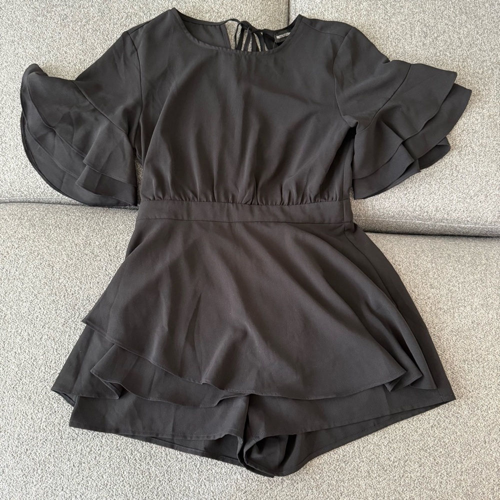 PrettyLittleThing Black Ruffle Sleeve Romper